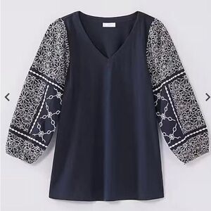 J. JILL Women’s Embroidered 3/4 Puff Sleeve V-Neck Blouse Size XL Petite Navy